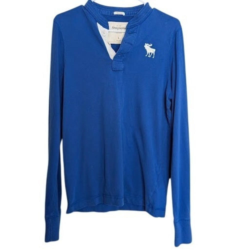 VTG Abercrombie & Fitch Mens Blue Button Polo Shirt Size Large Muscle Logo Y2K